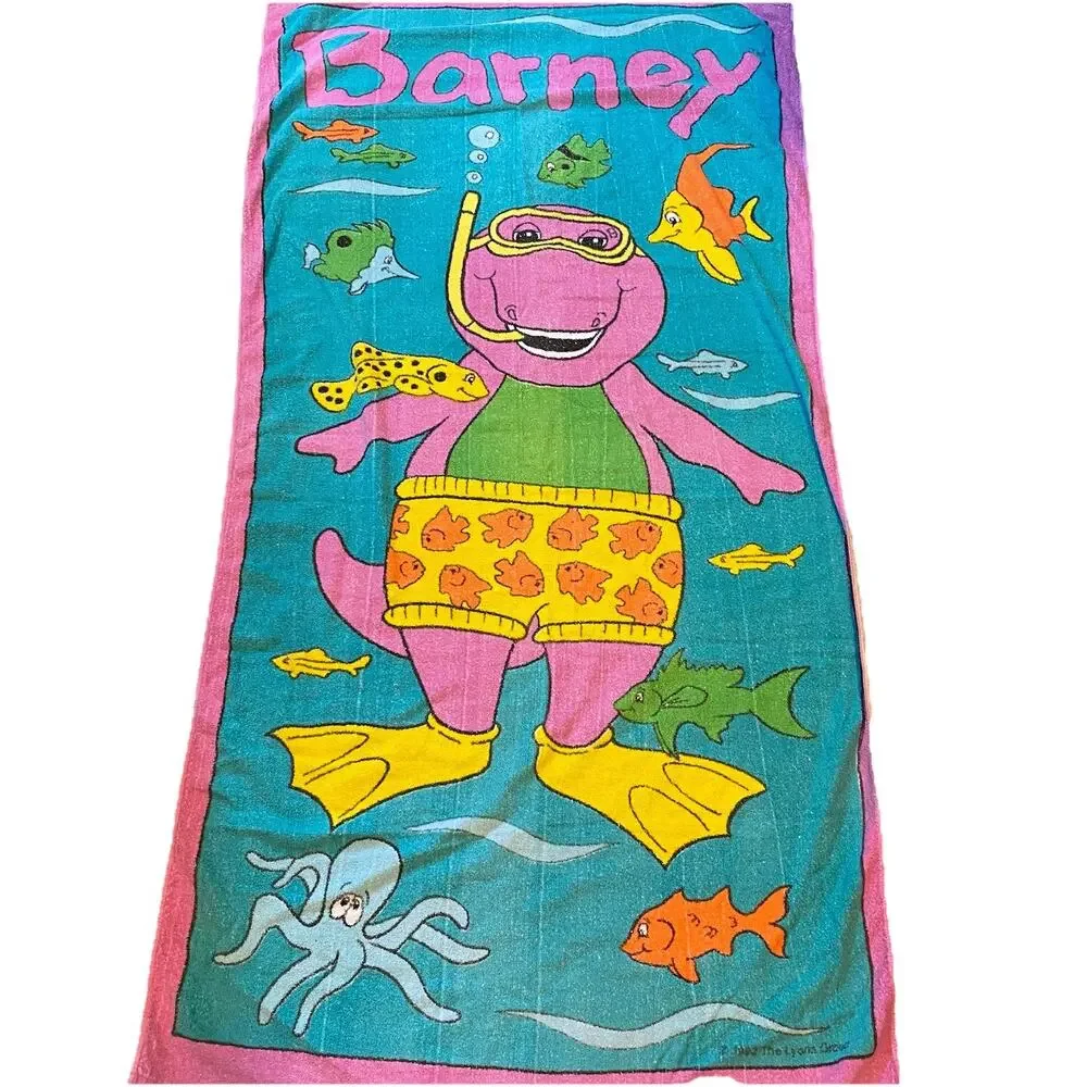 Vintage 1992 Barney Beach Towel 55”x28” Snorkeling Underwater Fishies Colorful